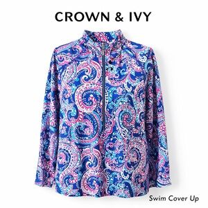 crown & ivy Blue and Pink Paisley Zip-Front Swim Cover-Up